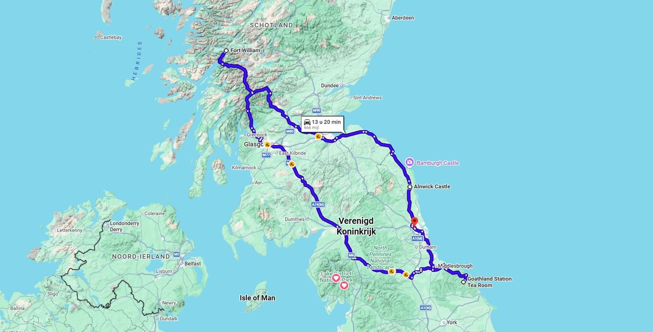 Routeoverzicht van de complete Harry Potter reis door Noord-Engeland en Schotland